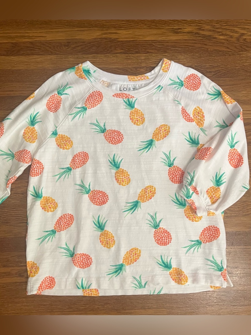 Loft L pineapple top shirt 100% cotton summer beachy tropical 3/4 sleeve